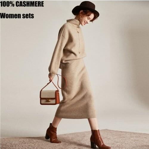 100 Pure cashmere suits women two-piece Winter Autumn knitted loose turtleneck Warm thicken skirt cashmere sweater Ladies