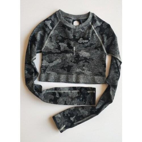 Women Long Sleeve Yoga Shirts Camouflage Tight Sports Wear Hollow Out Sport Crop Tops Quick Dry Gym Workout Fitness Clothing
