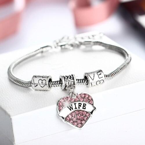 Charm Pink Clear Crystal Heart WIFE Bracelet Family Women Ladies Bracelets Wife Gifts Beads Chain Bangle Anniversary Jewelry