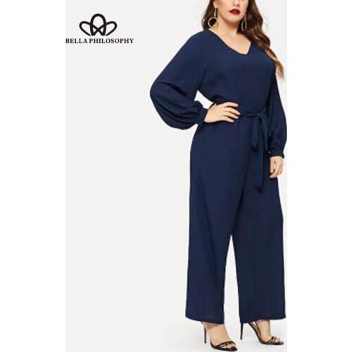 HStar Women Autumn solid long sleeve jumpsuit office lady elegant high waist playsuit female V-Nect plus size romper