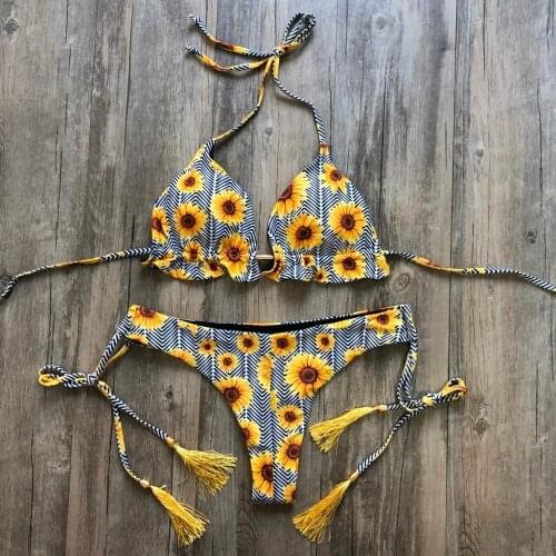 Feshion Womens Sexy Bikini Set Sunflower flower Bandage Sling Stamp Sport Swimwear Push-Up Padded Swimsuit maillot de bain femme