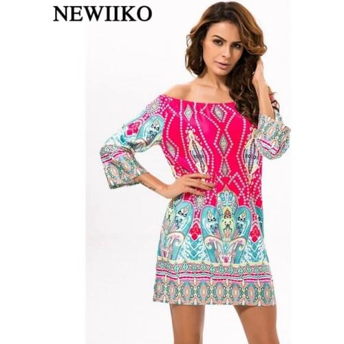 New fashion Summer women Ethnic Sexy slash collar Cashew flowers Paisley irregular printing Bohemia Beach Style Color mini dress