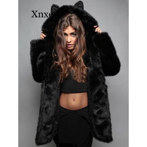 Black Faux Fur Rabbit Collar Ladies Hooded Ears Cartoon Plush Coat Womens Winter Cute Kawaii Coat Long Teddy Bear Jacket Fur