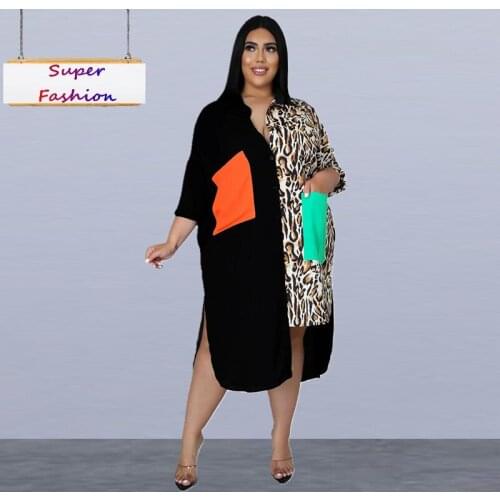 L-5XL large plus size women clothing casual Irregular splicing printing long sleeve loose shirt dress Wholesale Dropshipping
