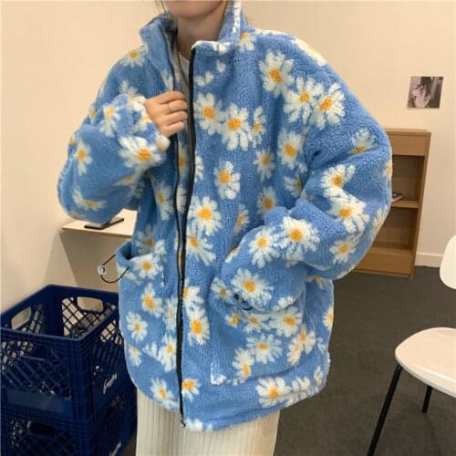 Fashion Retro Long Sleeve Little Daisy Zip Up Hoodie Women Thick Autumn Woolen Coat High Street Blue Stand Sweatshirt Tops Wild