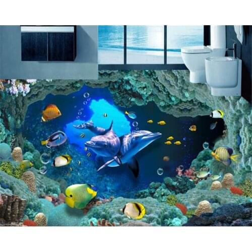 Beibehang Custom 3D Floor Film Picture HD Underwater World Dolphin Bathroom 3D Floor Painting Pvc Floor Sticker papel de parede
