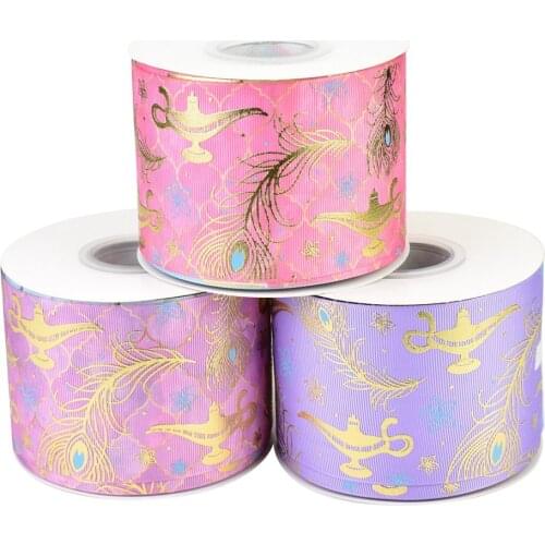 50yards 75mm Gold Foil Lamp of Aladdin Grosgrain Ribbon the Magic Lamp printed For DIY Accessories Welcome Custom Printed