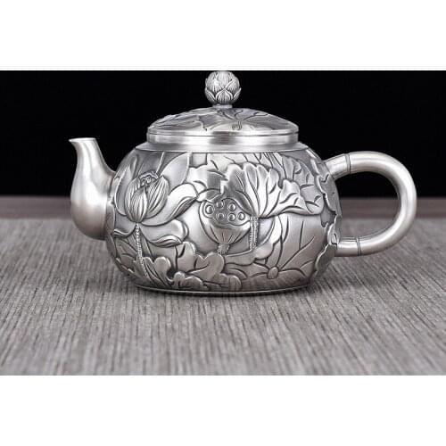 Ag999 Sterling Silver Teapot Hand-carving Lotus Pond Kitchen Utensils Coffee Handmade Tea Pot
