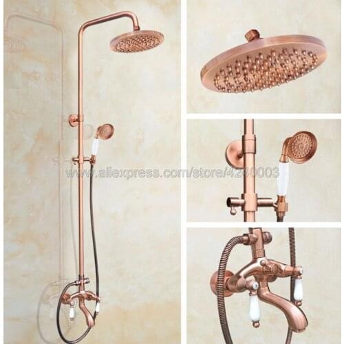 Antique Red Copper Wall Mount Shower Set Faucet Double Handle with Handshower Bathroom Shower Mixer Tap Krg566