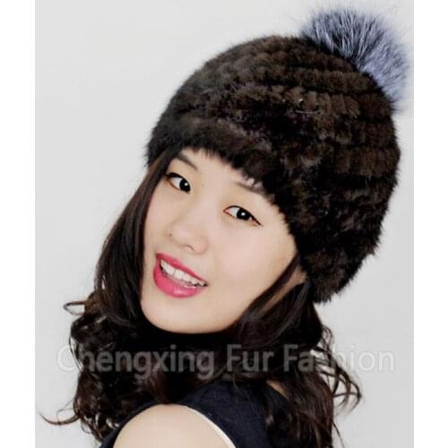 FREE SHIPPING CX-C-206B Natural Color Silver Fox Fur Pom Pom Real Knitted Mink Fur Hat