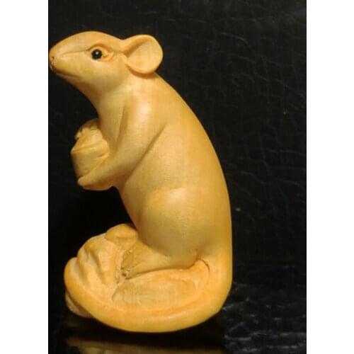 CQ104 - 2" Hand Carved Boxwood Netsuke Figurine Carving: Wealthy Mouse