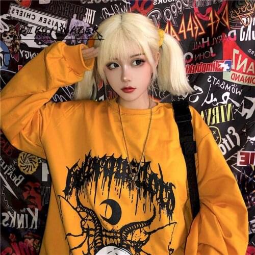 New Spring Autumn Harajuku T-Shirt Women Tops BF Style Wicked Fun Demon Girl Print Long Sleeves Loose TShirts Woman Clothing