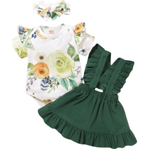 HOT Summer Newborn Baby Girl Clothes Set Floral Short Sleeve Ruffle Romper Tops Skirts Headband 3Pcs Infant Outfits1