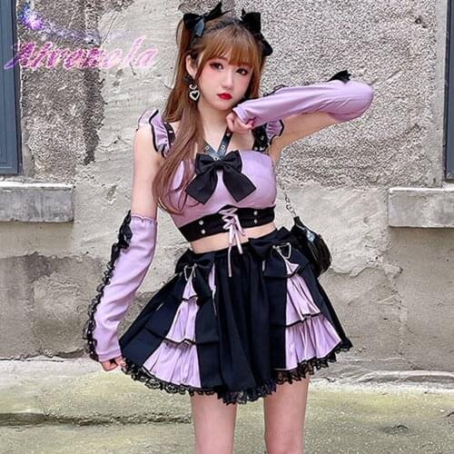 Harajuku Hot Girl Streetwear Sweet Suit Cake Mini Skirt Sling Bow Tank Tops Soft Girl Clothes Set New Female AFC1069