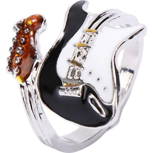 Fashion Rock Finger Punk Ring Personality Exaggeration European Lovers' Black White Color Oiled Guitar Unisex men Ring Jewelry