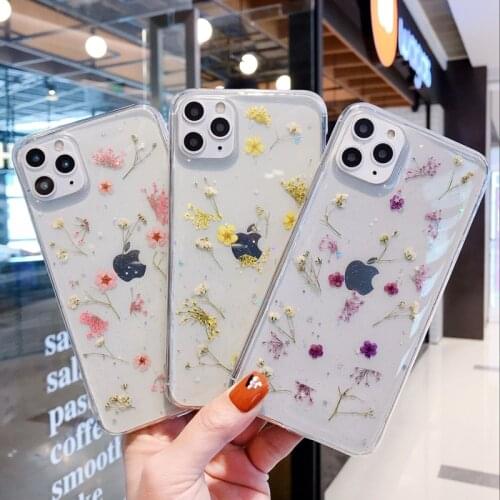 Gimfun Fashion Real Flower Pattern Phone Case for iPhone 12 11 Pro X XR XS Max 7 8 Plus Glitter Stars Clear Soft TPU Back Cover