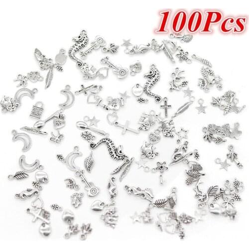 Wholesale 100pcs Bulk Tibetan Silver Mixed Pendant Jewelry Making DIY Craft Animal Flower Heart Charms