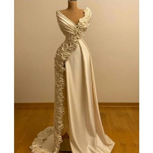 3D Rose Flower Prom Dresses Sexy V Neck Ruffles Tiered Sleeveless Evening Dress Side Split Party Formal Gowns