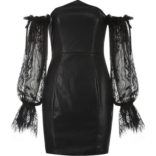 Off Shoulder Black Fashion Leather Dress 2021 Summer New Arrival Women Mini Lace Sexy Bodycon Club Party Dress Club