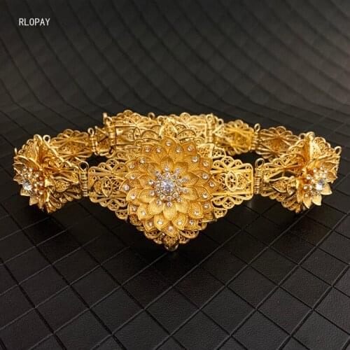 Turkish Fashion Gold Bridal Dress Belts Flower Waist Chain Full Rhinestone Arabic Ayaba Waist Band Luxury Costume Jewelry