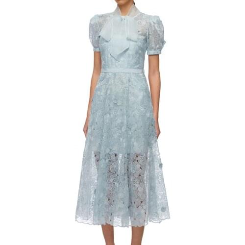 ZAWFL Vintage Embroidered Print Mesh Dress Women Fashion Bow Short Sleeve Dress Self Portrait Sexy Patchwork Dresses