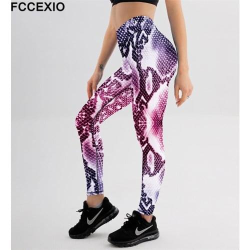 FCCEXIO Snake Skin 3D Print Women Sexy High Waist Elasticity Leggings Push Up Strength Pants Summer Fitness Run Trousers