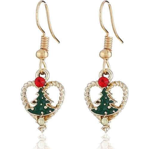 New Christmas Tree Crystal Piercing Drop Earrings for Women Cute Gold Color Hollow Heart Pendant Ear Cuff Earrings