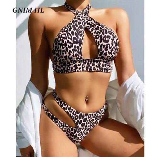 GNIM Sexy Hollow Out Leopard Swimsuit Women Bikini Set 2021 Cross Neck Bandage Swimwear Push Up 2 Pieces Swimming Suit For Women