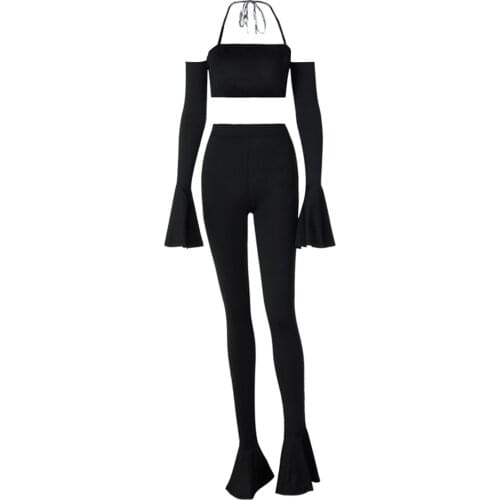 Women Outfits Sexy Casual Suit Halter Neck Tube Top Long Sleeves Flared and Flared Pants for Workout Yoga Wear Spring Tracksuit