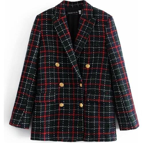 Women Fashion Jacket With Metal Button Tweed Check Blazer Coat Vintage Long Sleeve Pockets Female Outerwear Chic Female