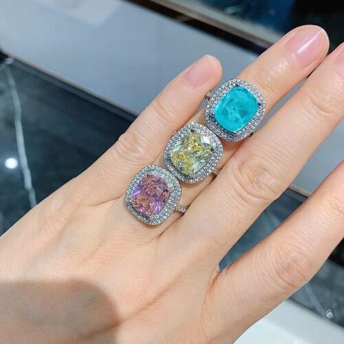 New Arrival Luxury Square 10*12mm Paraiba Tourmaline Emerald Topaz Rings for Women 925 Sterling Silver Lab Diamond Jewelry Gift