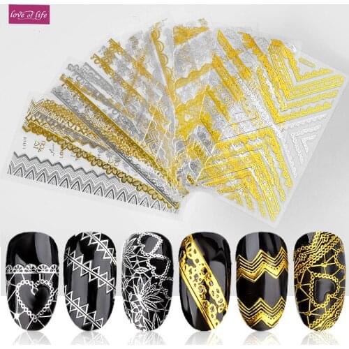1 Sheet Gold Silver Metal 3D Nail Sticker Top Quality Lace Heart Triangle Embossed Adhesive Nail Art Decal Decorations