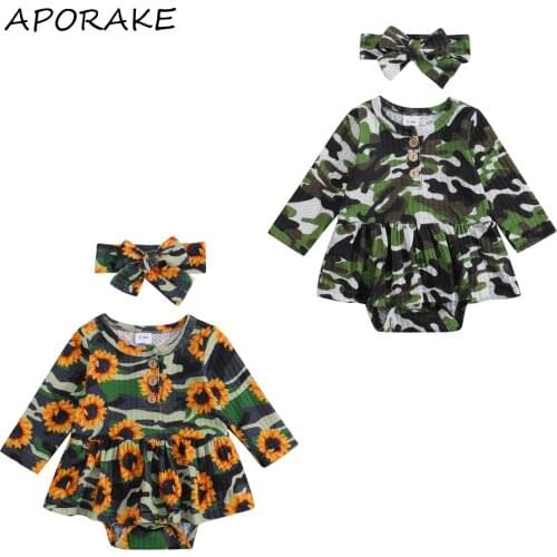 2021 0-18M Fall Newborn Baby Girl Long Sleeve Romper Dress+ Bow Headband Camouflage Pattern Sunflower Printing Playsuit 2pcs