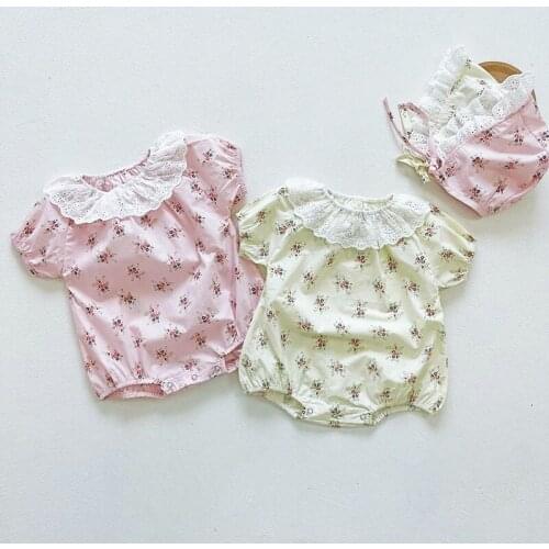 2021 Baby Romper Short Sleeve Floral Lace Rompers + Hat Baby Kids Girl Newborn Rompers Baby Clothes