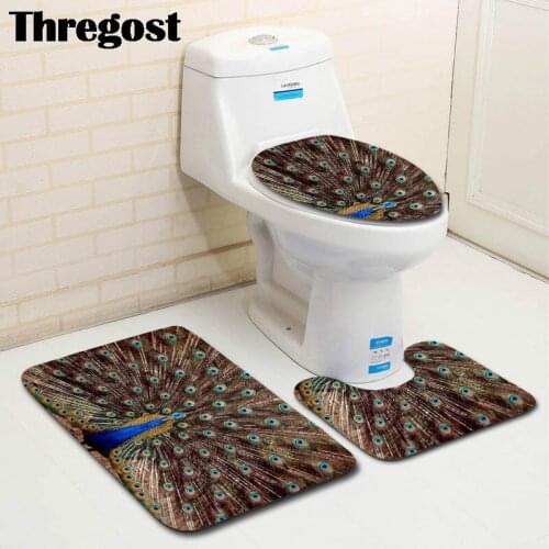 3 Pcs Bath Mats Peacock Printed Anti Slip Bathroom Mat Set 3D Carpet Bathroom Toilet Rug Washable Bathroom Mat Set