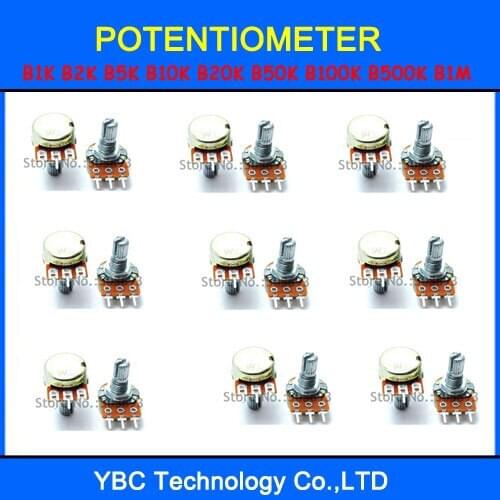9valuesx5pcs=45pcs B1K B2K B5K B10K B20K B50K B100K B500K B1M Rotary Potentiometer 15MM 3 Pins Free Shipping