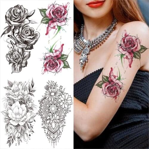 Watercolor Rose Temporary Tattoos For Women Men Adult Realistic Pendant Tattoo Dahlia Flower Fake Sticker Sexy Waterproof Tatoos