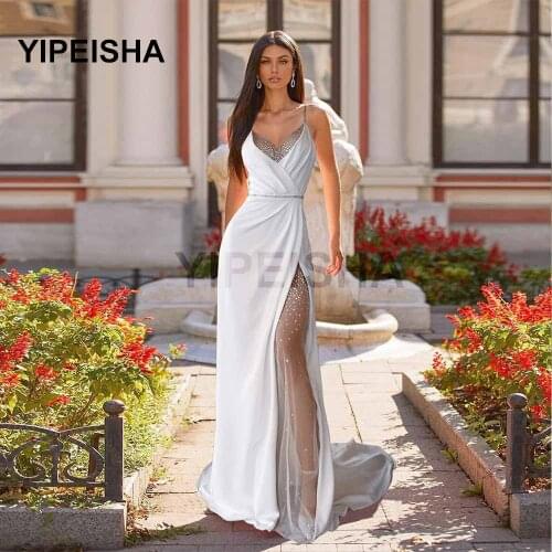 White Sexy Slit Long Evening Dresses Sleeveless Straps Silk Satin Crystals Beaded Formal Backless Women Prom Party Gown