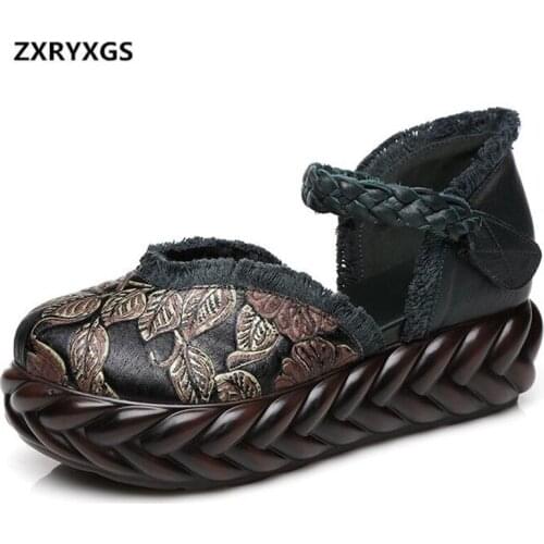 Noble Elegant Embroidered Cowhide Leather Shoes Women Sandals 2020 New Summer Sandals Platform Shoes Woman Shoes Fashion Sandals
