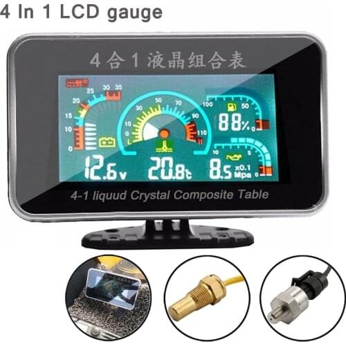 4in1 LCD Car Digital ALARM Gauge Instrument Panel Voltmeter Voltage Oil Pressure Fuel Water Temp Sensors 12V for Excavator Truck