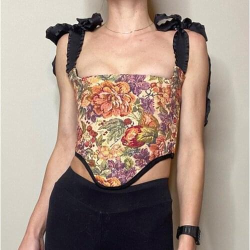 Backless Floral Bandage Corset Tank Top Square Neck Vintage Sexy Bustier Tops 2021 Missnight
