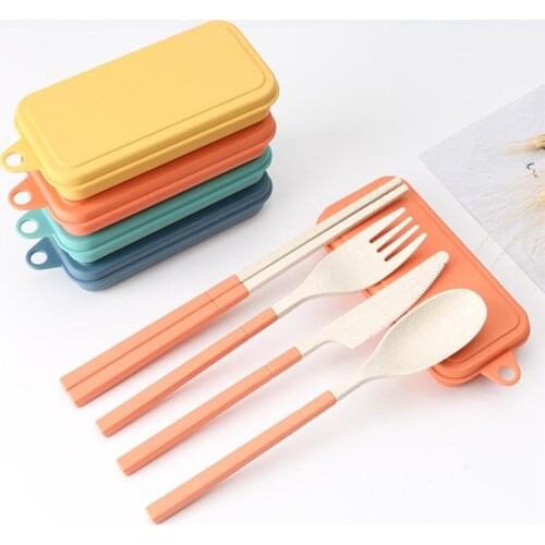 4pcs/set Travel Cutlery Portable Cutlery Box Japan Style Wheat Straw Knife Fork Spoon Student Dinnerware Sets Kitchen Tableware