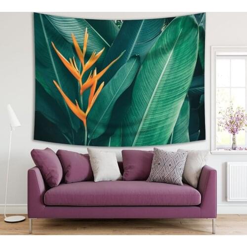 Tapestry Exotic Flower Blooms Tropical Foliage Forest Big Leaf Plants Summer Nature Photo Printed Orange Green