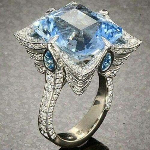 Luxury Trendy Large Blue Stone Ring Princess Cut Crystal Rings for Women Girl Wedding Engagement Party Jewelry Gifts
