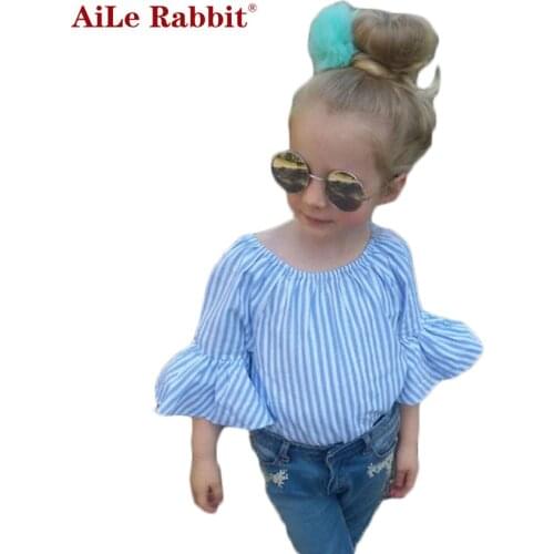 AiLe Rabbit INS Newest Girls Suits Striped Flute Sleeve Shirt Jeans 2 PCS Set T-shirt Collar Fashion Kids Blouse Tops k1