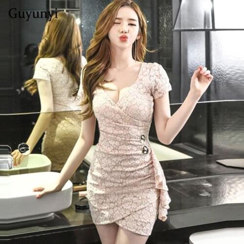 Lace Sexy Club Dress 2021 Summer Sheath V-Neck Short Sleeve Ruffles Decoration Slim Fit Athens Dignity Dress Women