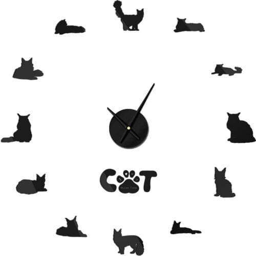 American Cat Maine Coon Quartz Clocks Fashion Watches Mirror Sticker Diy Living Room Decor New Arrival 3d Real Big Wall Clock