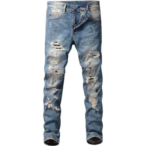 American Street Fashion Men Jeans High Quality Retro Blue Slim Fit Ripped Jeans Men Painted Designer Hip Hop Denim Punk Pants