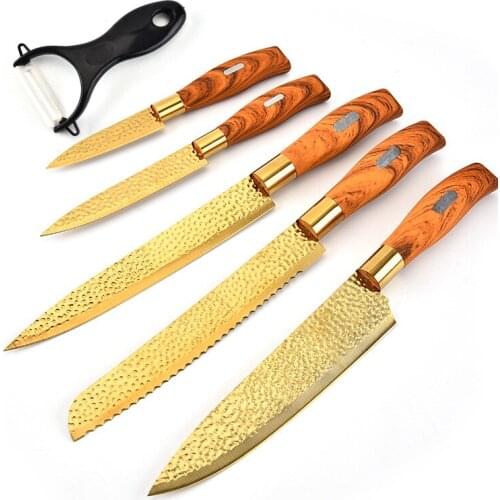 Set of 6 stainless steel with gold plated knife set kitchen knife wood grain cover handle sharp chef paring carving knife