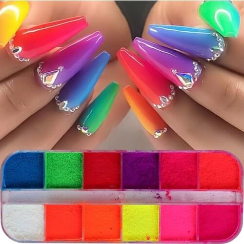 12 Grid Neon Nail Glitter Holographic Mix Color Shiny Pigment Chrome Powder DIY Makeup Painting Gel Polish Nail Decoration NLYE